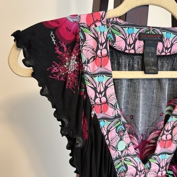 Custo Barcelona Black/Pink Butterfly Flutter Sleeve Dress Sz S - Picture 5 of 6